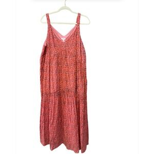 Joie Womens Red Pink Abstract Print V-Neck Tiered Maxi Dress Large